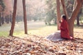 Reading in nature is my hobby,Girl with book and tea in the autumn park Royalty Free Stock Photo